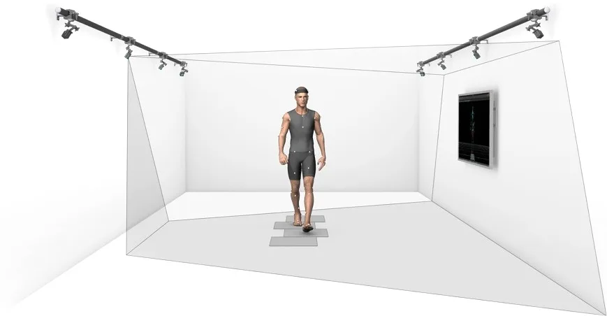 Computer generated man walking in a motion capture lab wearing gray shorts, a gray tank top, and multiple motion capture sensors on his body and clothes.