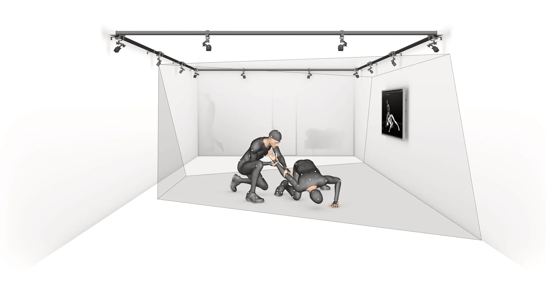 Computer drawing of two people on a virtual production set wearing motion capture suits with one holding the other down with an arm bar.  There is a picture on the call and the room is white with encircling the top of the room in a square formation.