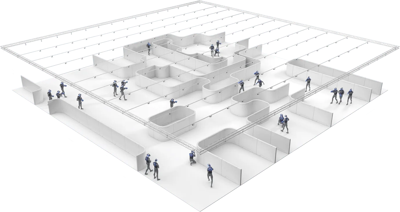 A large flooring area with walls and various open space filled with small computer-generated individuals each wearing virtual reality goggles, gray outfits, and carrying virtual reality gaming assault rifles.