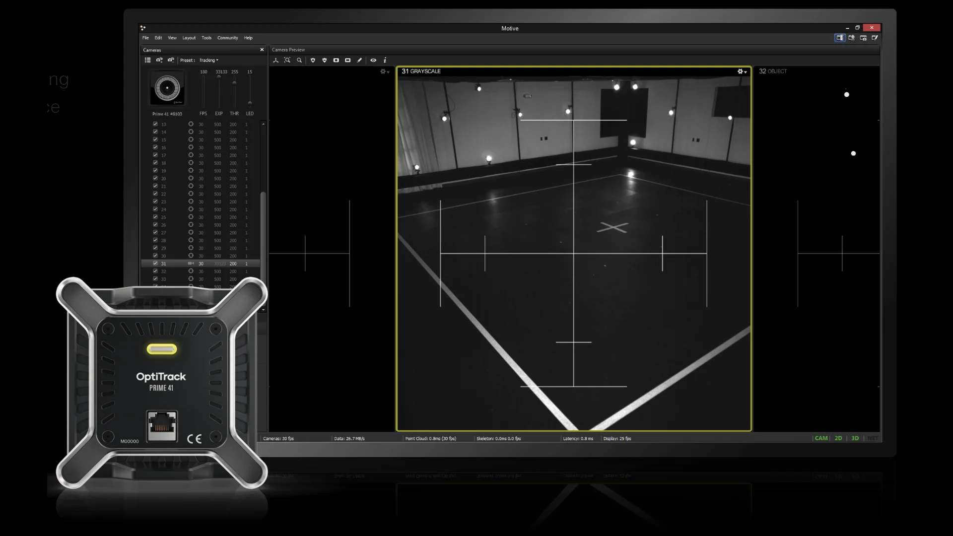An OptiTrack Prime 41 device with a solid yellow indicator overlaid on an application screenshot showing a single camera view of a "robotics tracking" environment.