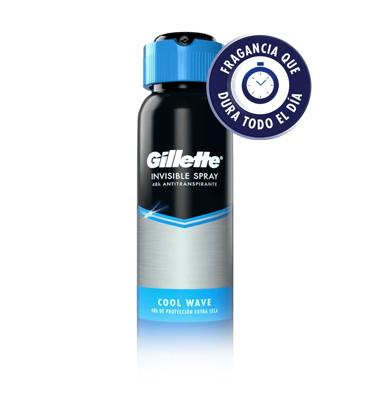 Spray Antitranspirante en aerosol Gillette Cool Wave con ícono que dice que tiene fragancia que dura todo el día