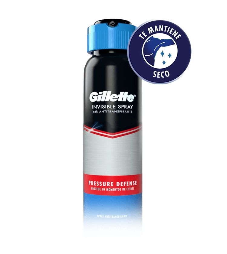 Spray Antitranspirante en aerosol Gillette Pressure Defense con ícono que dice Te Mantiene Seco