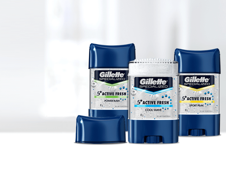 Familia de antitranspirantes en gel Active Fresh de Gillette para hombre con fragancias de larga duración.