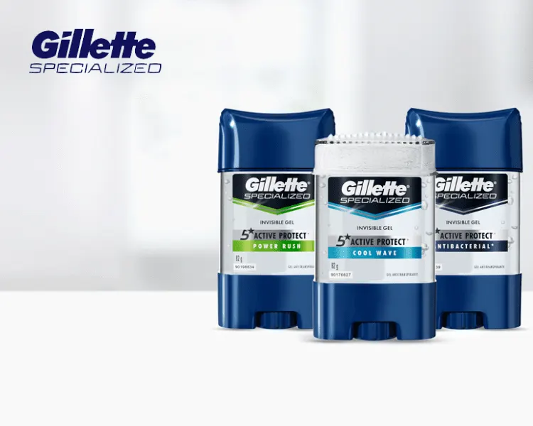 Familia de antitranspirantes en gel de Gillette para hombre con protección invisible para las axilas sin manchas blancas en la aplicación.