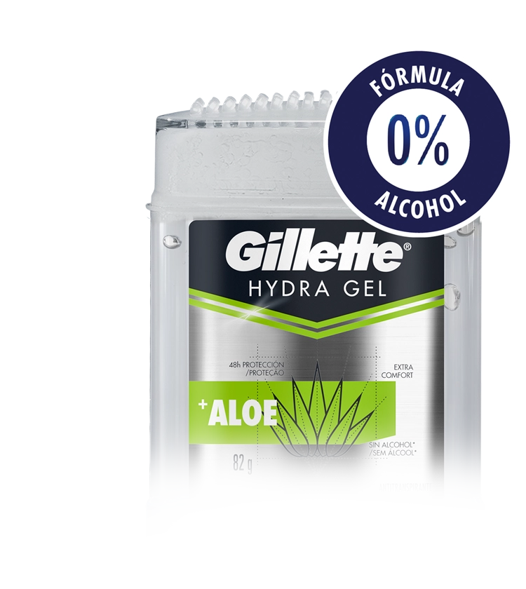 Antitranspirante Hydra Gel Gillette Aloe con ícono que dice fórmula cero porciento alcohol