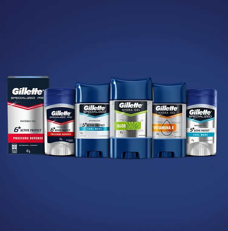 Complete seu kit de produtos de higiene pessoal com Desodorantes e Antitranspirantes Gillette.