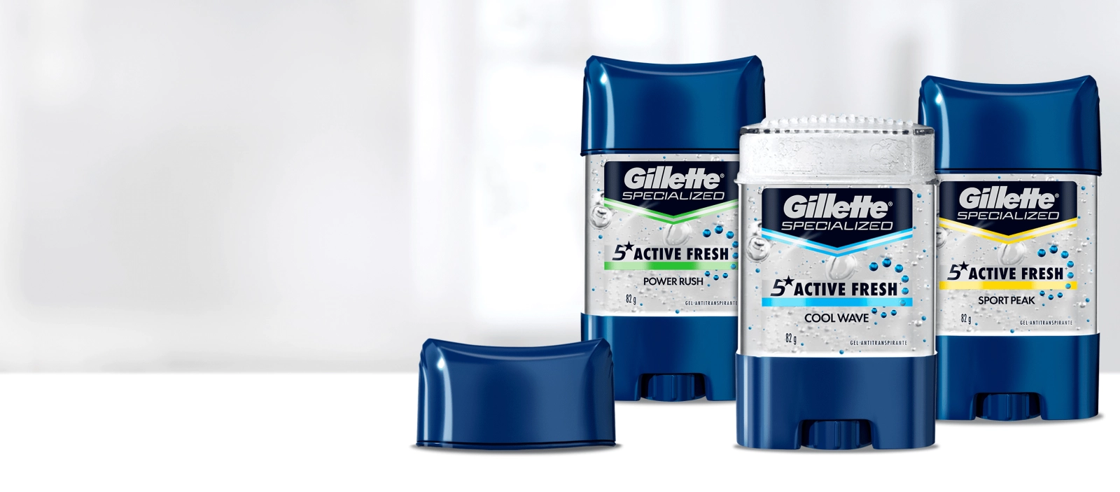 Familia de antitranspirantes en gel Active Fresh de Gillette para hombre con fragancias de larga duración.