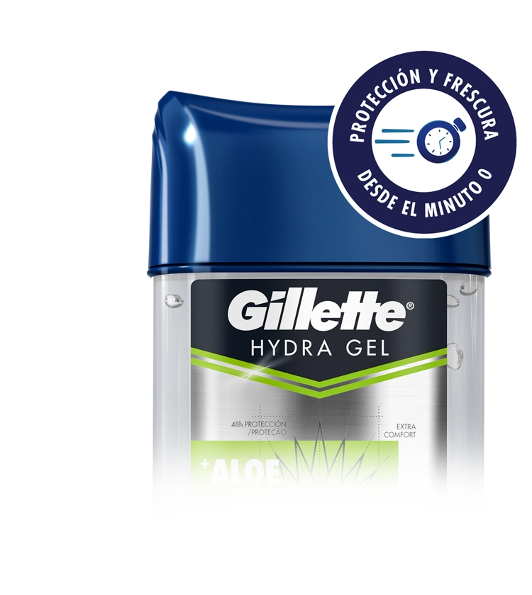 Antitranspirante Hydra Gel Gillette Aloe con ícono que dice protección y frescura desde el minuto cero