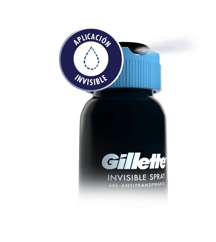 Spray Antitranspirante en Aerosol para hombre de Gillette Training Day con ícono que dice aplicación invisible