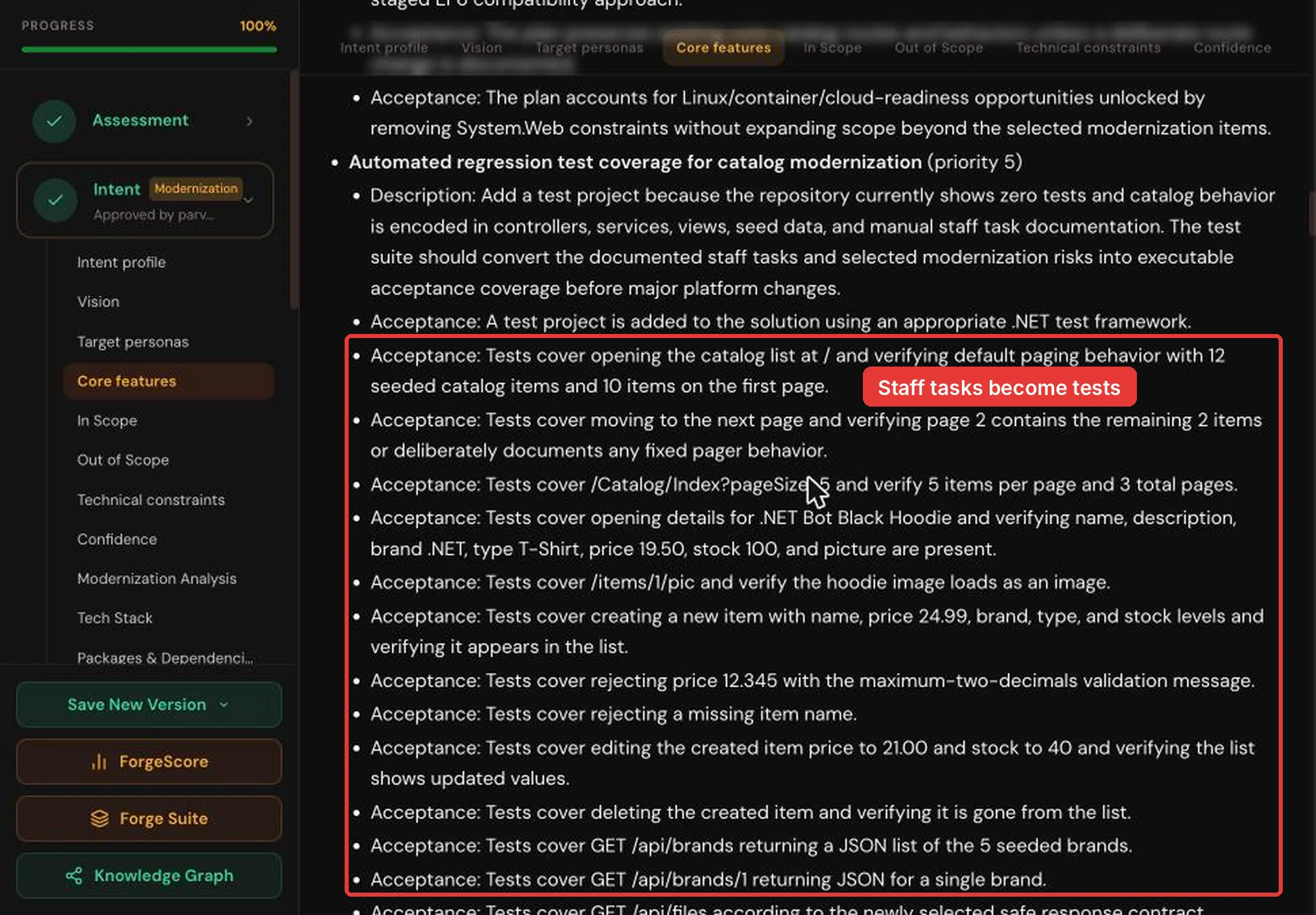Forge Living Spec Intent page, Core features, with a highlighted list of acceptance criteria that turn staff tasks such as paging the catalog and rejecting a bad price into tests