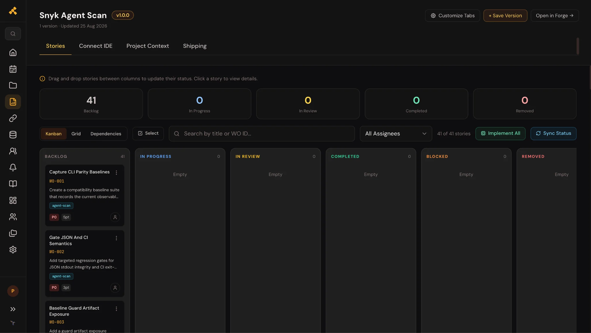 Forge Stories kanban board for a project at v1.0.0 with 41 stories in the backlog, each carrying a work order ID and story points