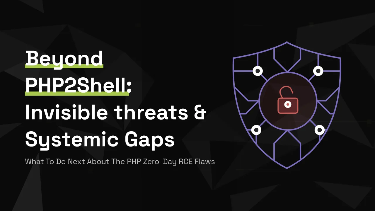 Banner for the Opsera blog post “Beyond PHP2Shell: Invisible threats and systemic gaps”, showing a purple shield outline with an open red padlock on a dark background.