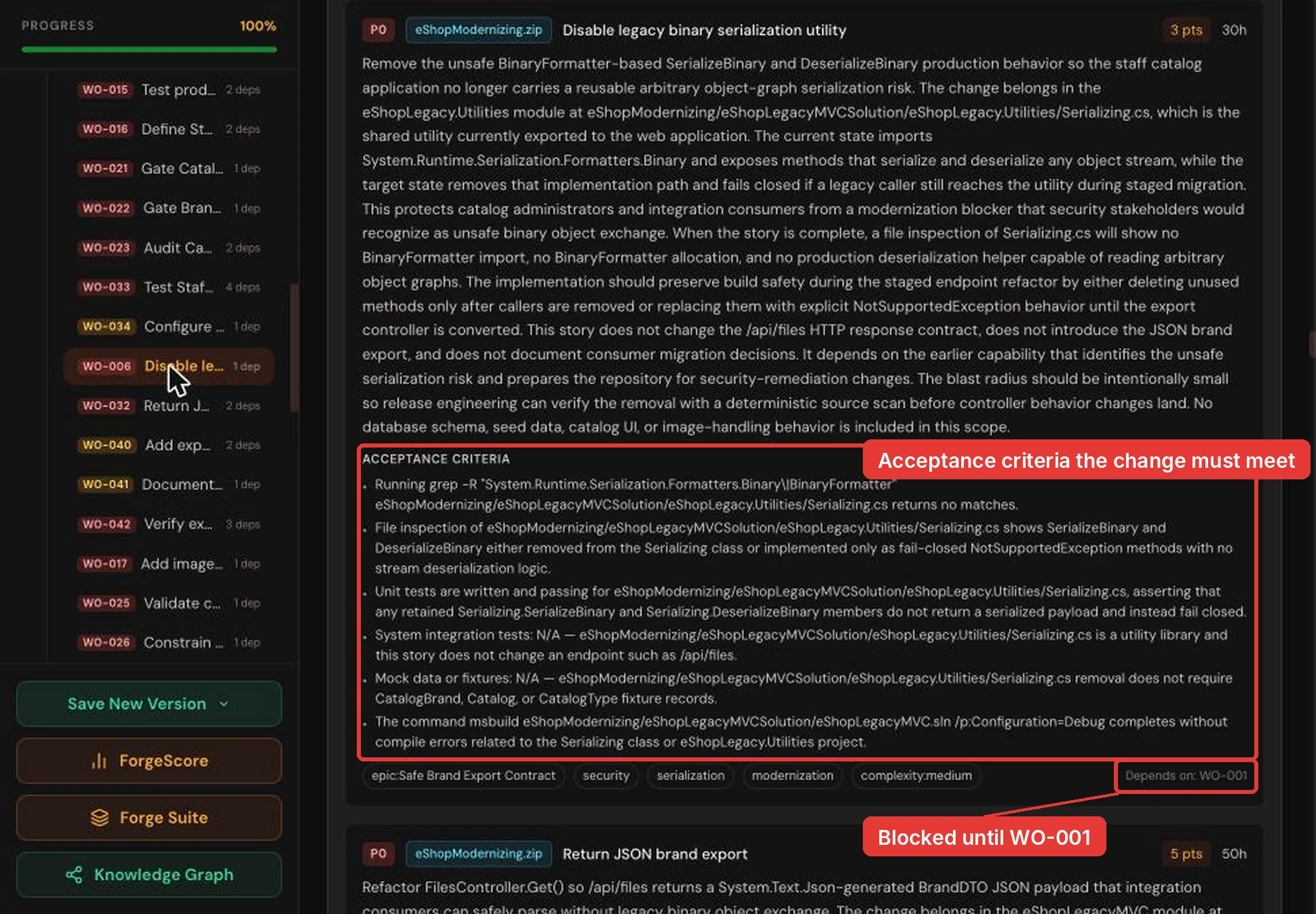 Forge Work Order WO-006, Disable legacy binary serialization utility, with its acceptance criteria highlighted and a note that it is blocked until WO-001 is done