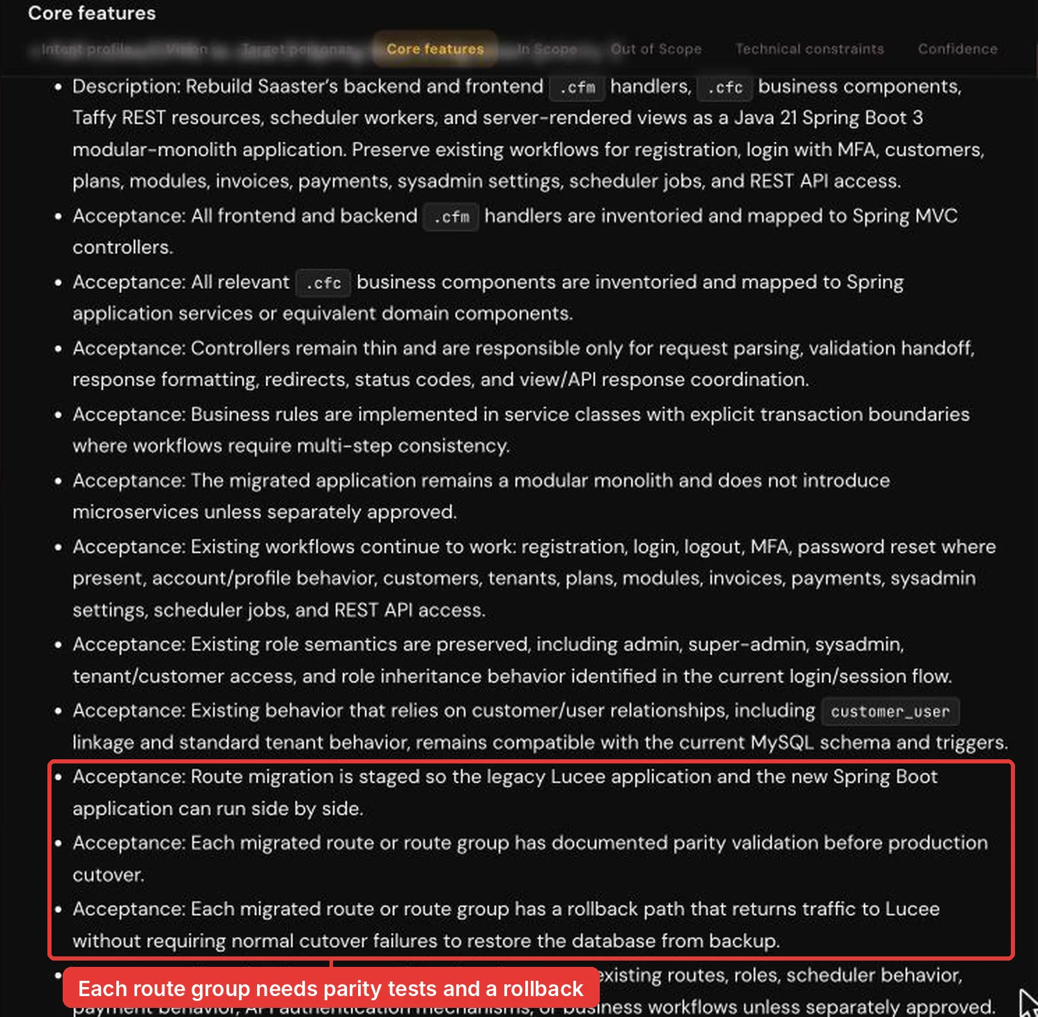 Core features list in the Forge intent document, with three acceptance criteria highlighted for side-by-side running, parity validation before cutover and a rollback path to Lucee