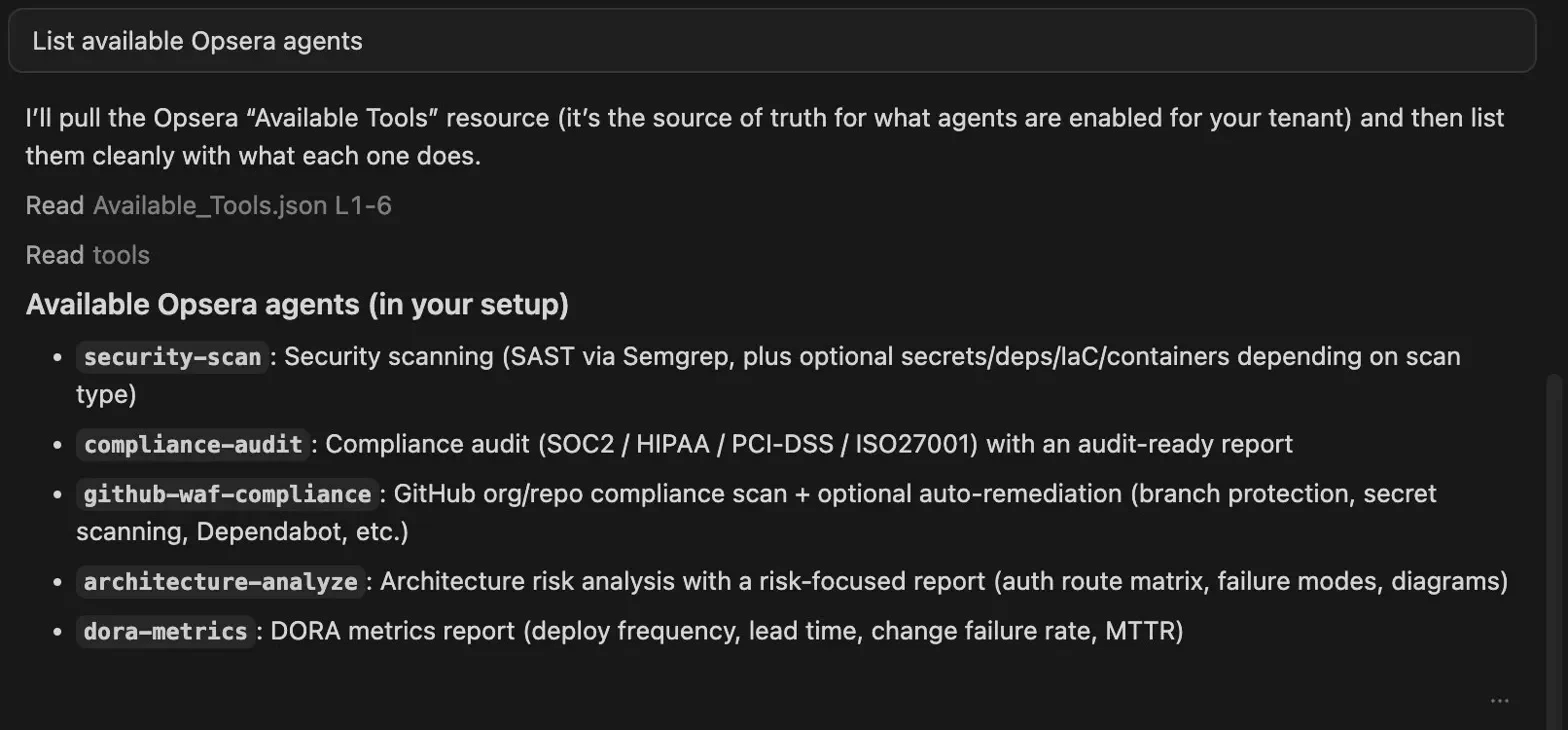 Opsera DevSecOps agents panel showing security-scan, compliance-audit, github-waf-compliance, architecture-analyze, and dora-metrics agents