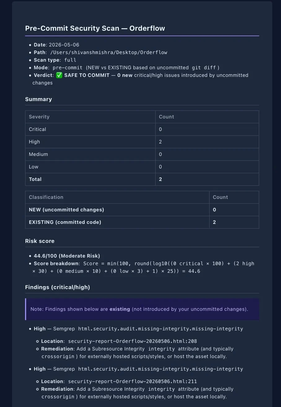 Opsera security scan report classifying Semgrep findings as NEW or EXISTING with SRI remediation guidance for the Orderflow repository