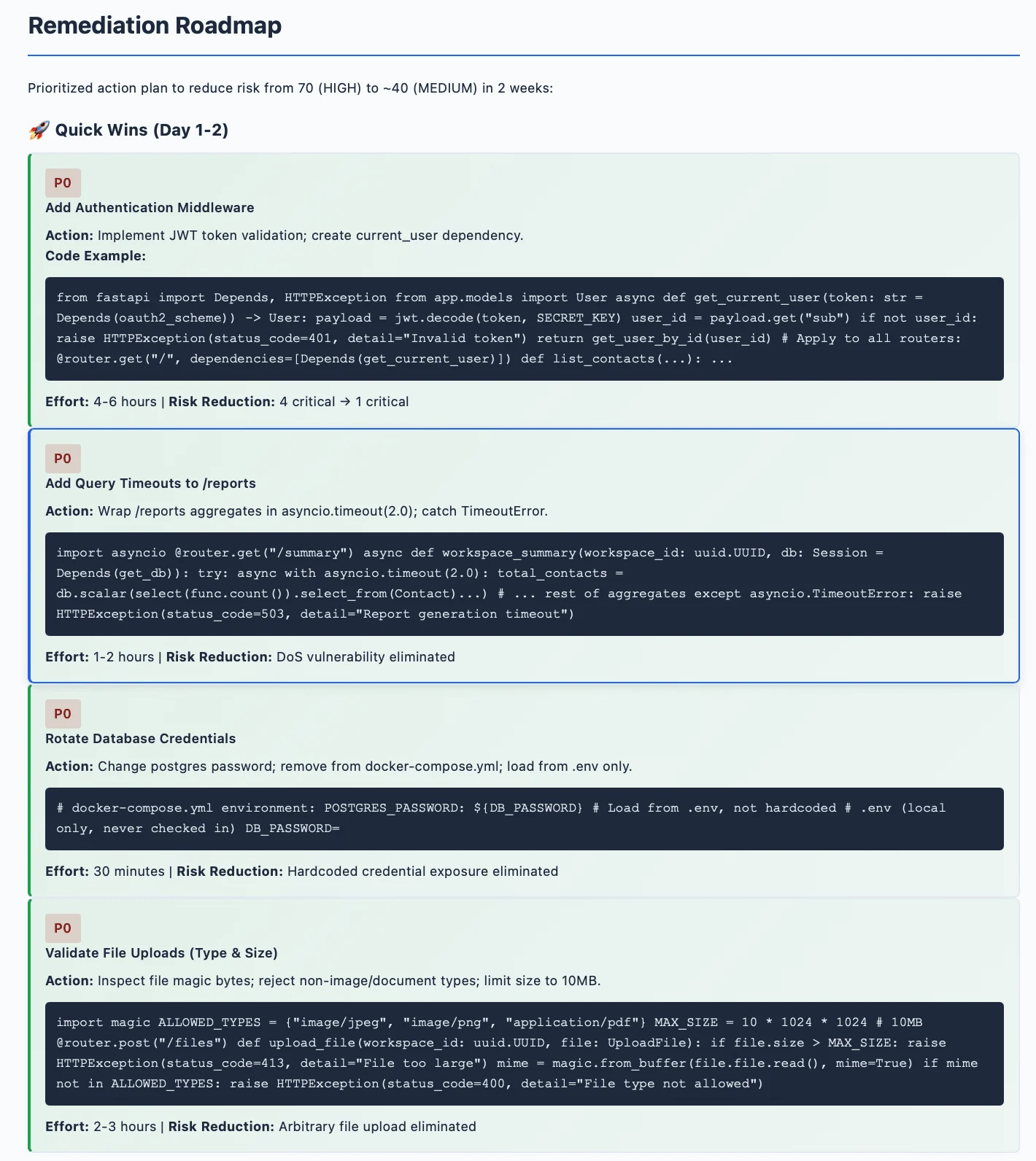 Opsera remediation roadmap with P0 quick wins including JWT middleware, query timeout, credential rotation, and file upload validation code snippets