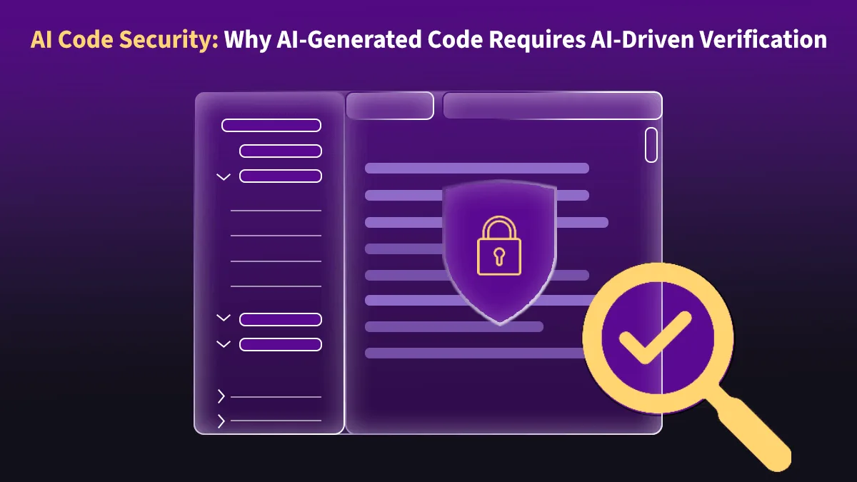 Purple shield and checklist graphic illustrating AI code security and AI-driven verification concept