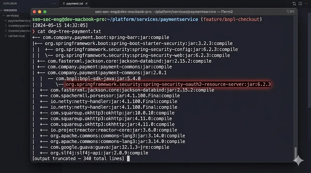 Terminal showing paymentservice Maven dependency tree with CVE-2024-38821 CVSS 9.8 JWT bypass vulnerability highlighted in spring-security-oauth2-resource-server