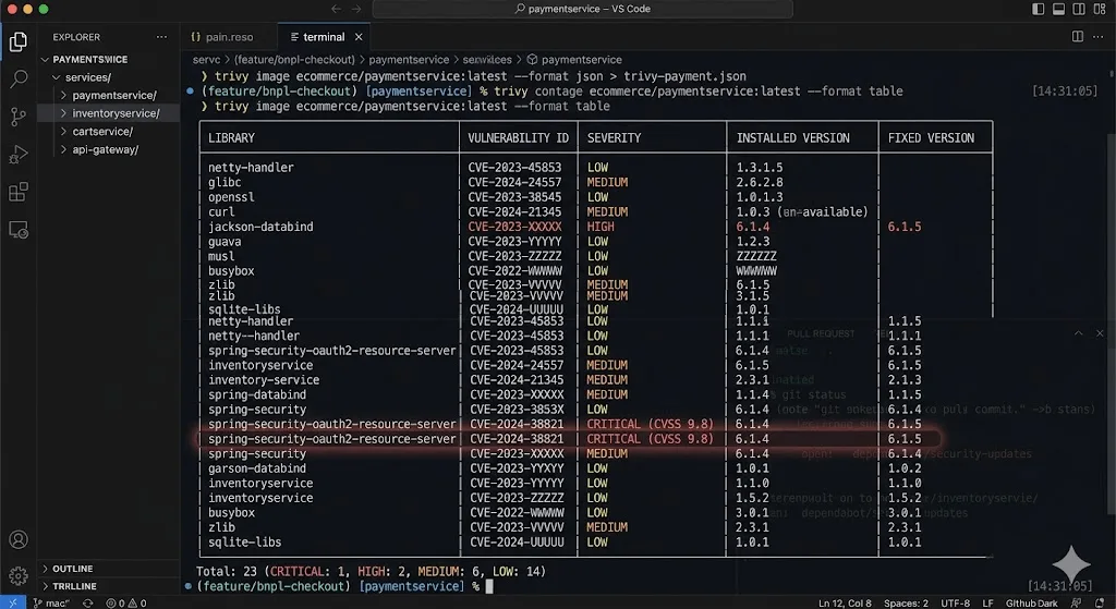 VS Code terminal showing Trivy scan of paymentservice image flagging 23 vulnerabilities including CRITICAL CVE-2024-38821 with severity and fixed version columns