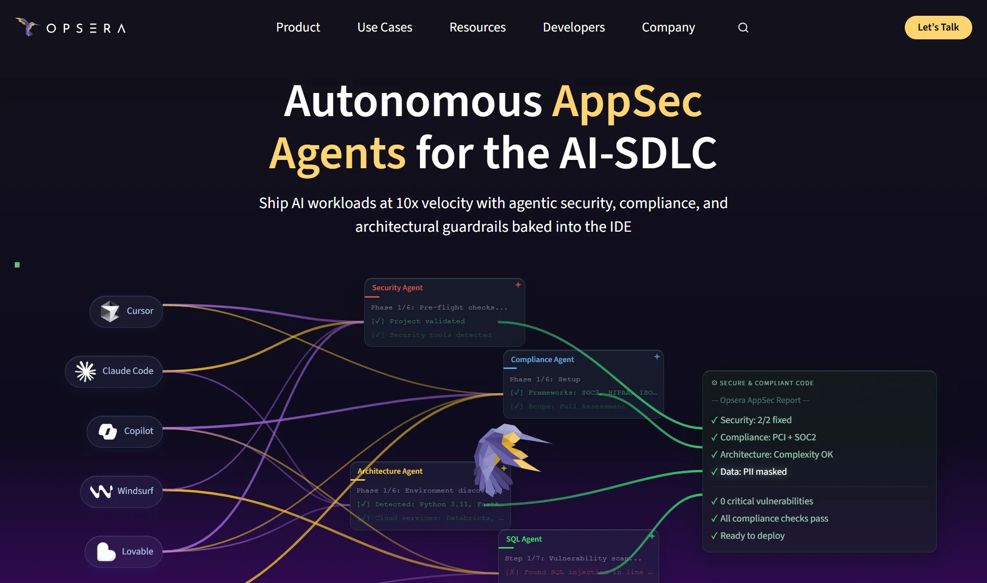 Opsera platform homepage showing Autonomous AppSec Agents for the AI-SDLC with integrations for Cursor, Claude Code, Copilot, Windsurf, and Lovable