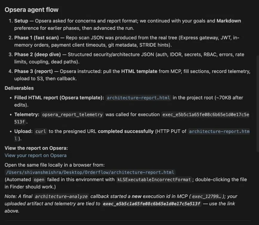Opsera architecture analyzer agent flow terminal showing four-phase execution: setup, fast scan, deep dive, and report generation with S3 upload confirmation