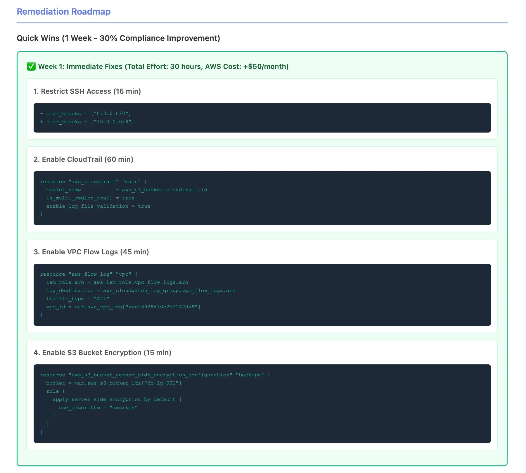 Opsera Terraform remediation roadmap showing four quick wins — restrict SSH access, enable CloudTrail, enable VPC flow logs, and encrypt S3 backup bucket — improving SOC 2 compliance score to 30% in one week