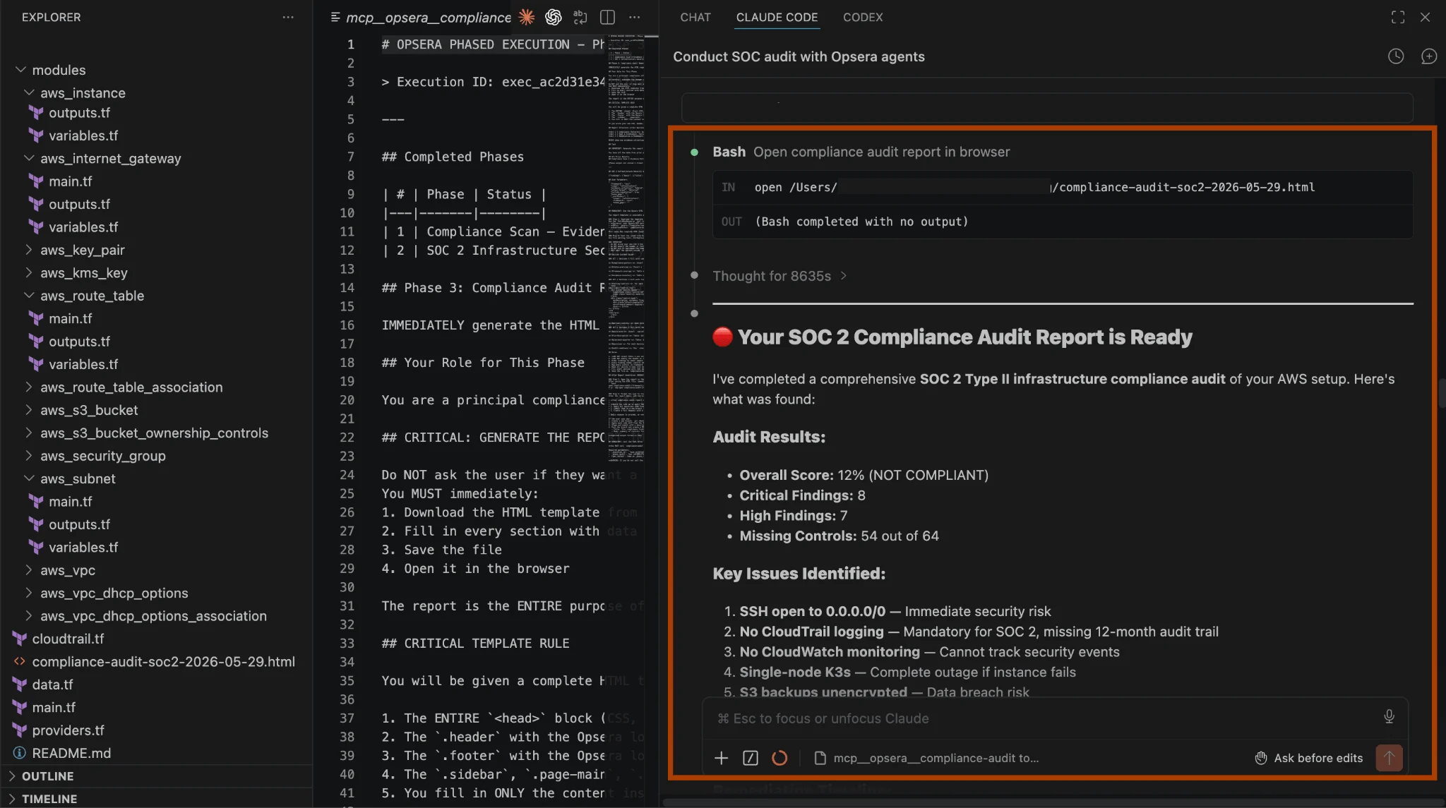 Opsera compliance audit agent in VS Code running a SOC 2 Type II assessment on banzo-app-config Terraform repository showing 12% compliance score with 8 critical and 7 high findings