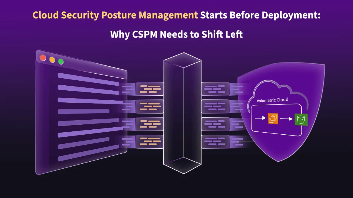 Illustration showing cloud security posture management shifting left — infrastructure code flowing through a security shield before cloud deployment