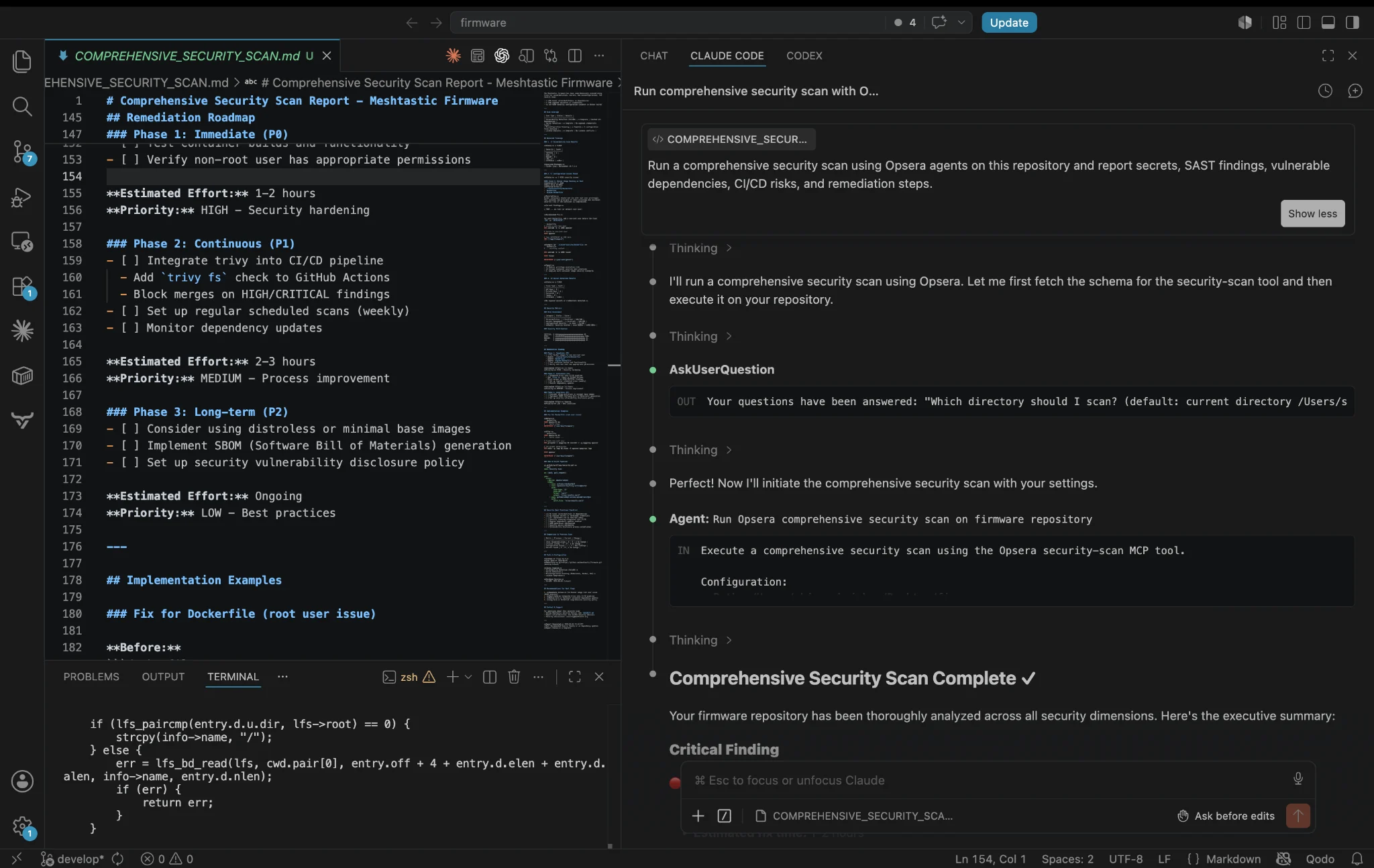 Opsera Security Scan Agent running in VS Code with Claude Code