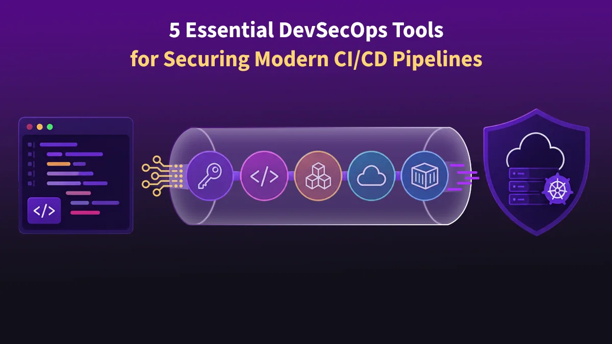 Five essential DevSecOps tools for securing modern CI/CD pipelines, illustrated with security icons including a key, code brackets, package, cloud, and container flowing through a protected pipeline.