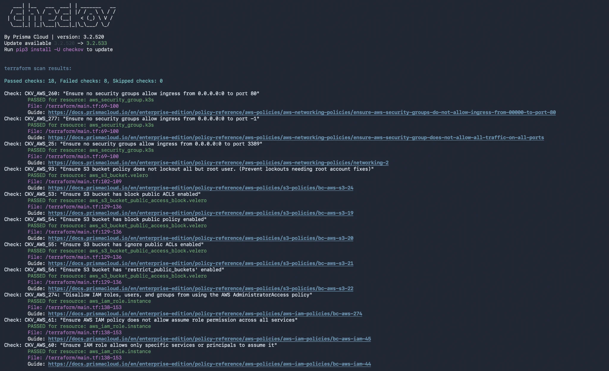 Screenshot of the Checkov by Prisma Cloud website featuring the headline "Policy-as-code for everyone" alongside a terminal showing the Checkov installation and dependency resolution process.