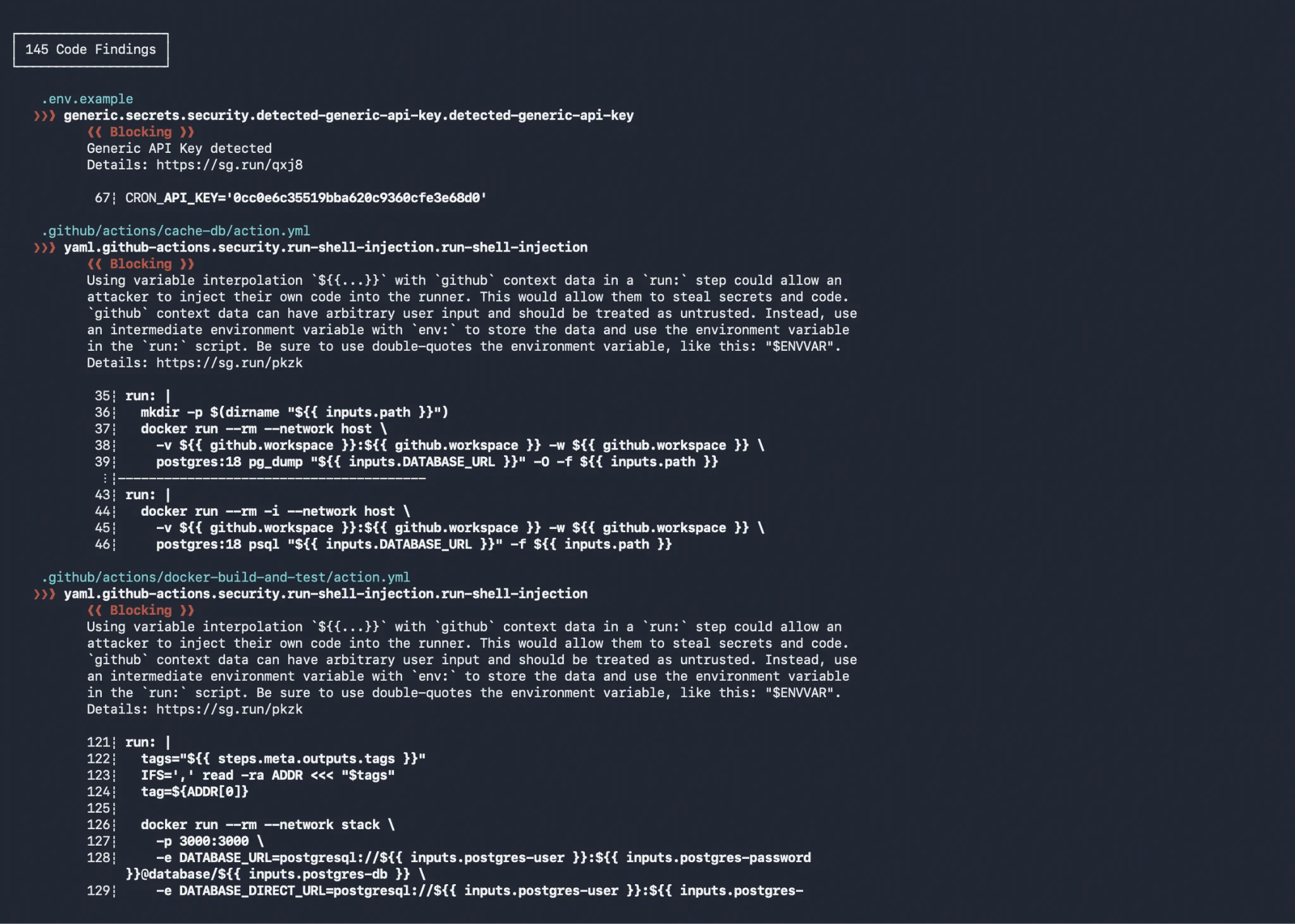 Semgrep scan output showing 145 blocking code findings across application files and GitHub Actions workflows, with shell injection vulnerabilities flagged where context values are interpolated directly into shell commands.