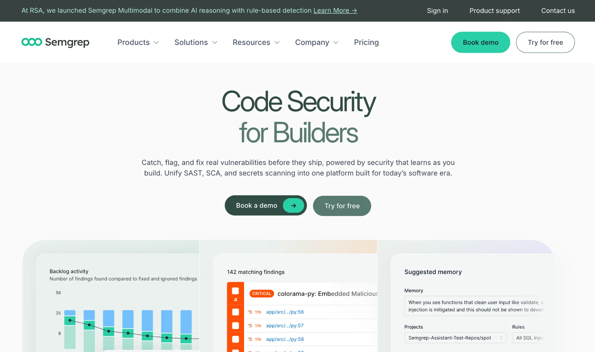 Screenshot of the Semgrep website showing the headline "Code Security for Builders" alongside a dashboard with 142 matching findings including a critical embedded malicious code detection.