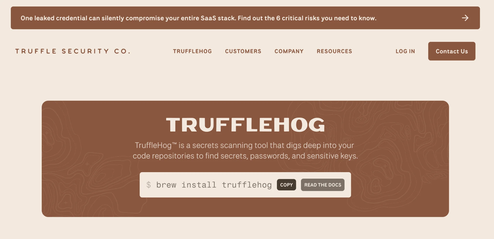 Screenshot of the TruffleHog website by Truffle Security Co., describing it as an open-source secrets scanning tool that searches code repositories for exposed passwords, API keys, and sensitive credentials.