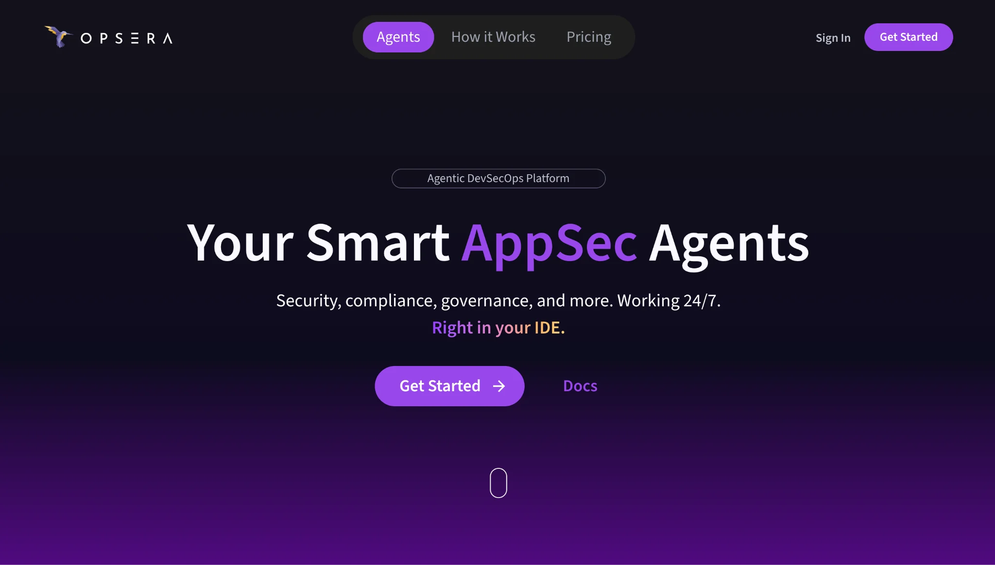 Screenshot of the Opsera Agentic DevSecOps platform homepage displaying the headline "Your Smart AppSec Agents" with navigation options for Agents, How it Works, and Pricing.