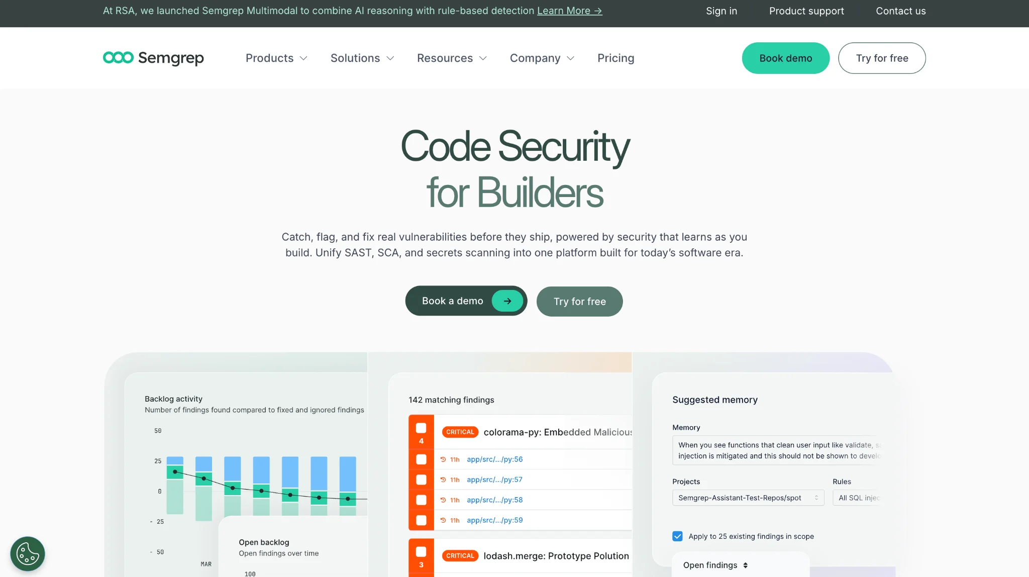 Semgrep security dashboard highlighting code injection vulnerabilities and policy-based security findings.