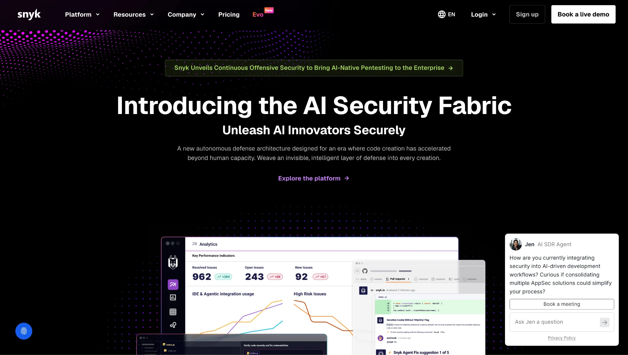 Snyk dashboard showing code security findings, dependency vulnerabilities, and recommended software upgrades.