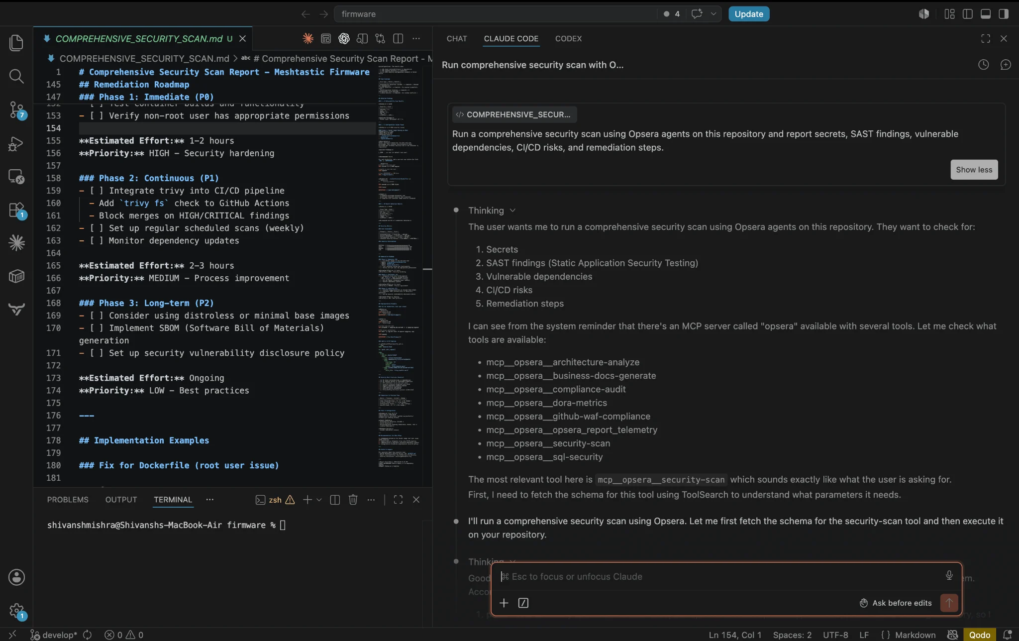 Dashboard displaying Opsera security scan results with vulnerability findings, compliance checks, and remediation recommendations.