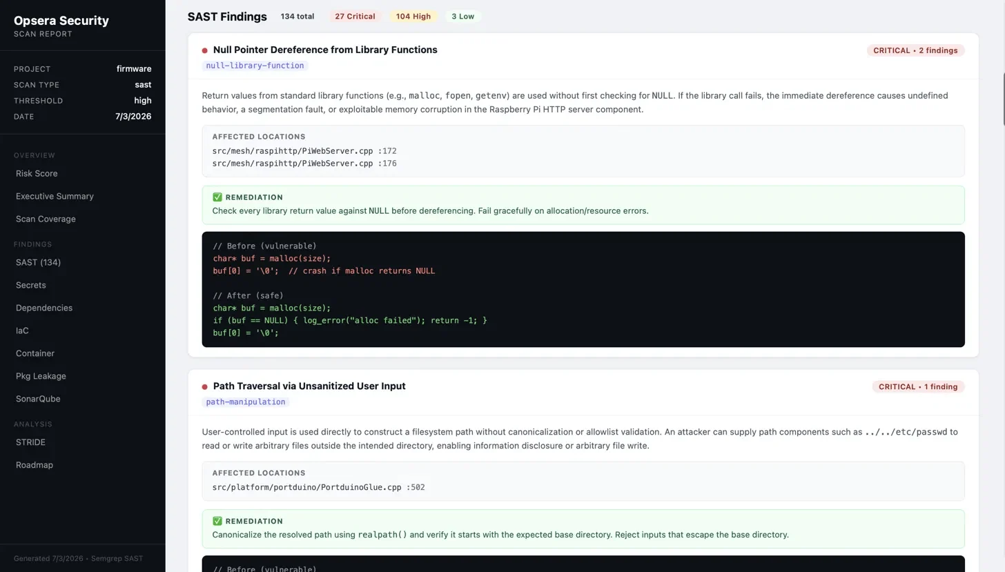 Screenshot of SAST findings listing a null pointer dereference and a path traversal vulnerability, each with affected file, line number, and remediation code