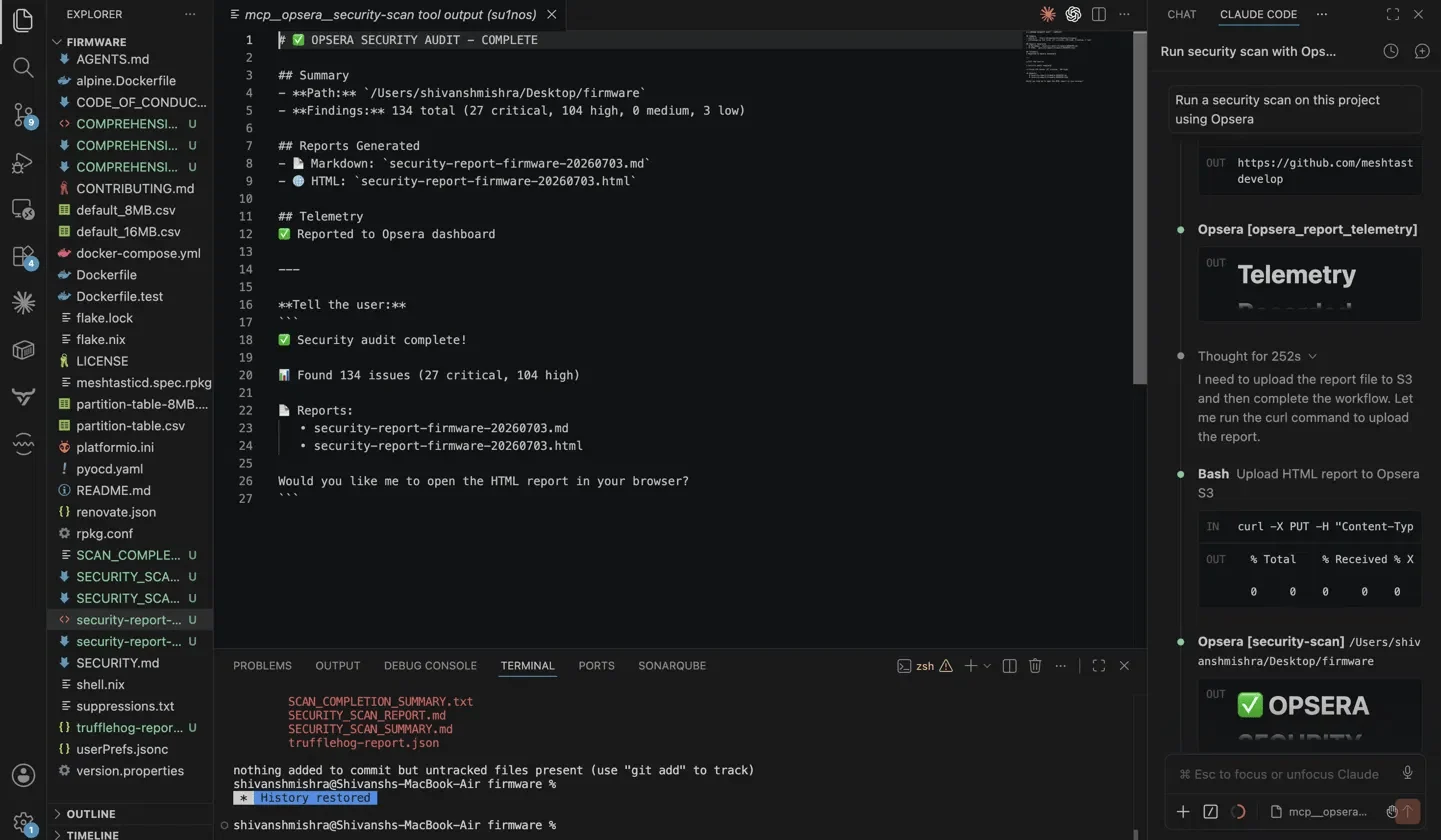 Screenshot of a Claude Code terminal session showing the Opsera security scan prompt, findings summary, and report generation output