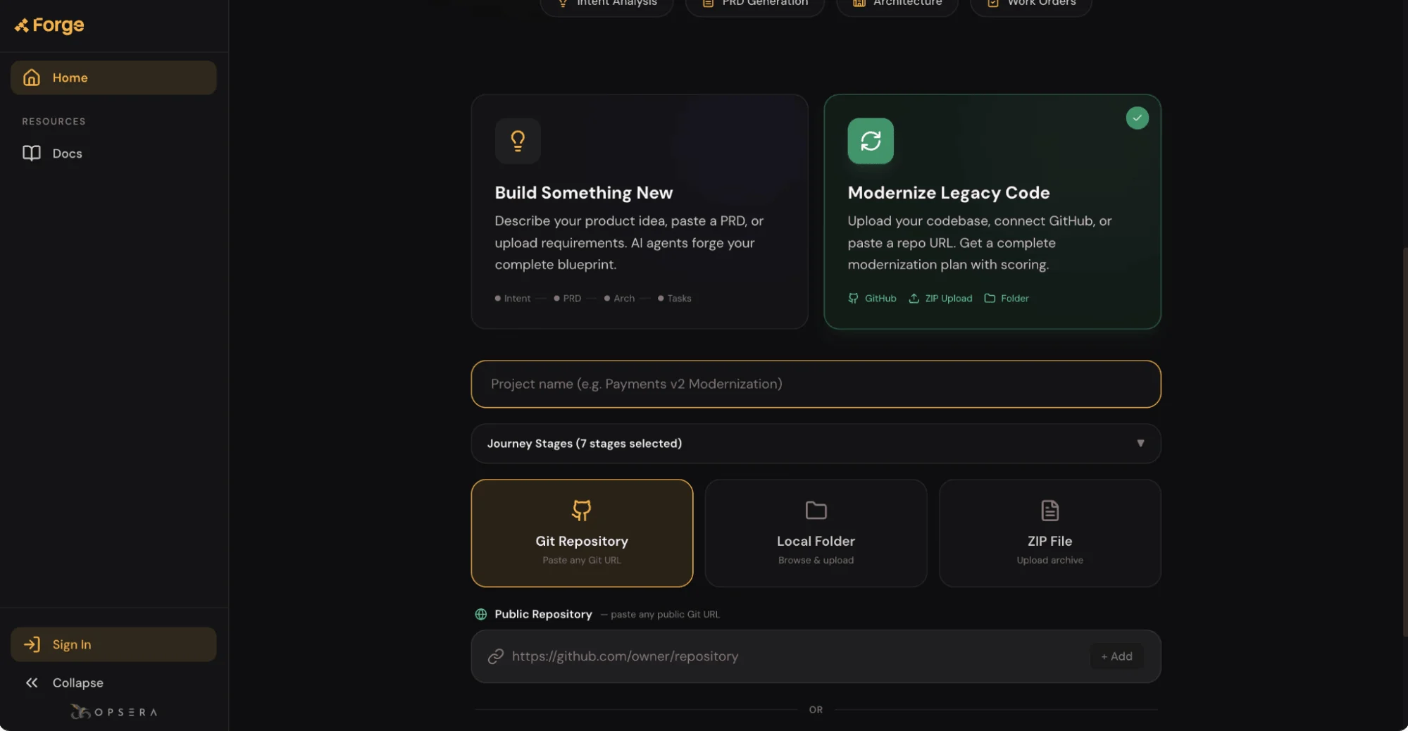 Screenshot of the Forge platform's home screen for starting a new build or legacy code modernization project