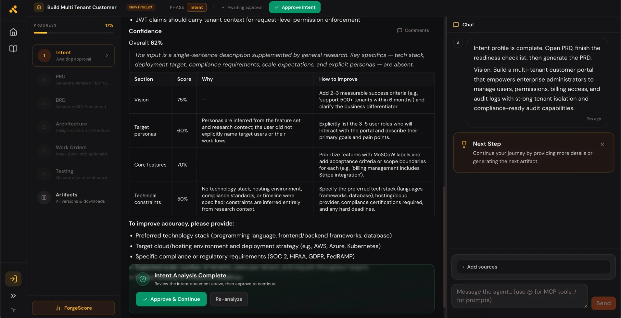 Screenshot of the Forge platform showing an intent document confidence score and section-by-section improvement suggestions.
