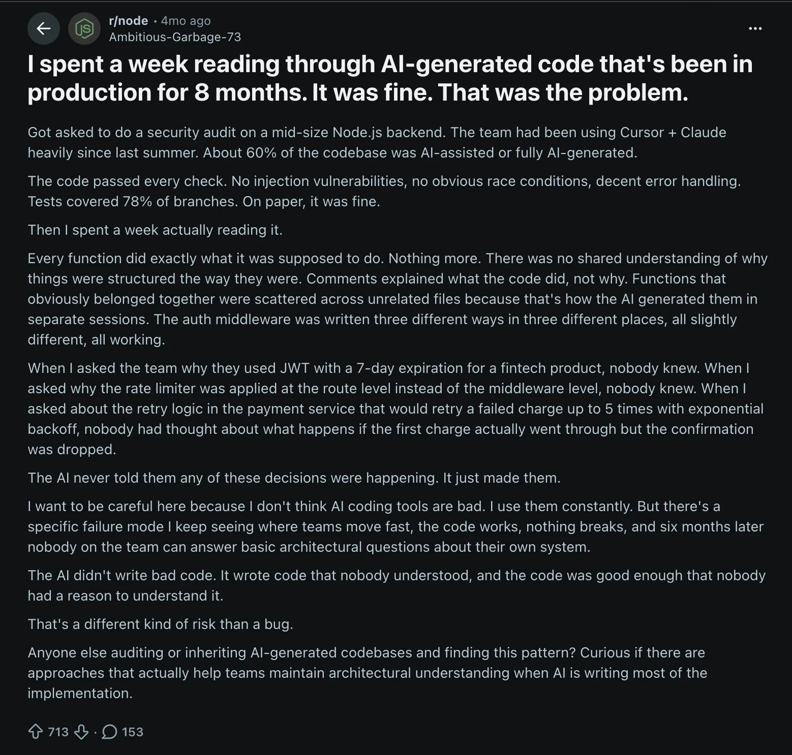 Screenshot of a Reddit post describing an engineer's experience auditing AI-generated code with no shared architectural rationale