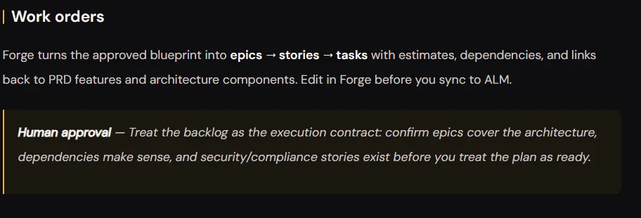 Text panel describing how Forge turns an approved blueprint into epics, stories, and tasks with a human approval checkpoint