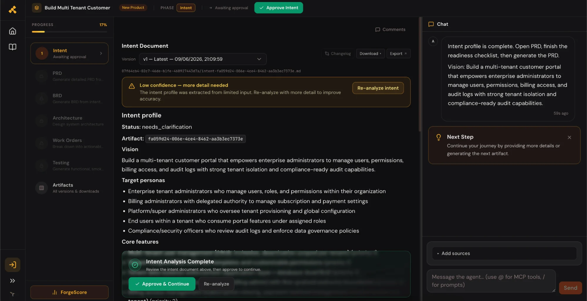 Screenshot of the Forge platform's intent document showing project vision, target personas, and a low-confidence warning.