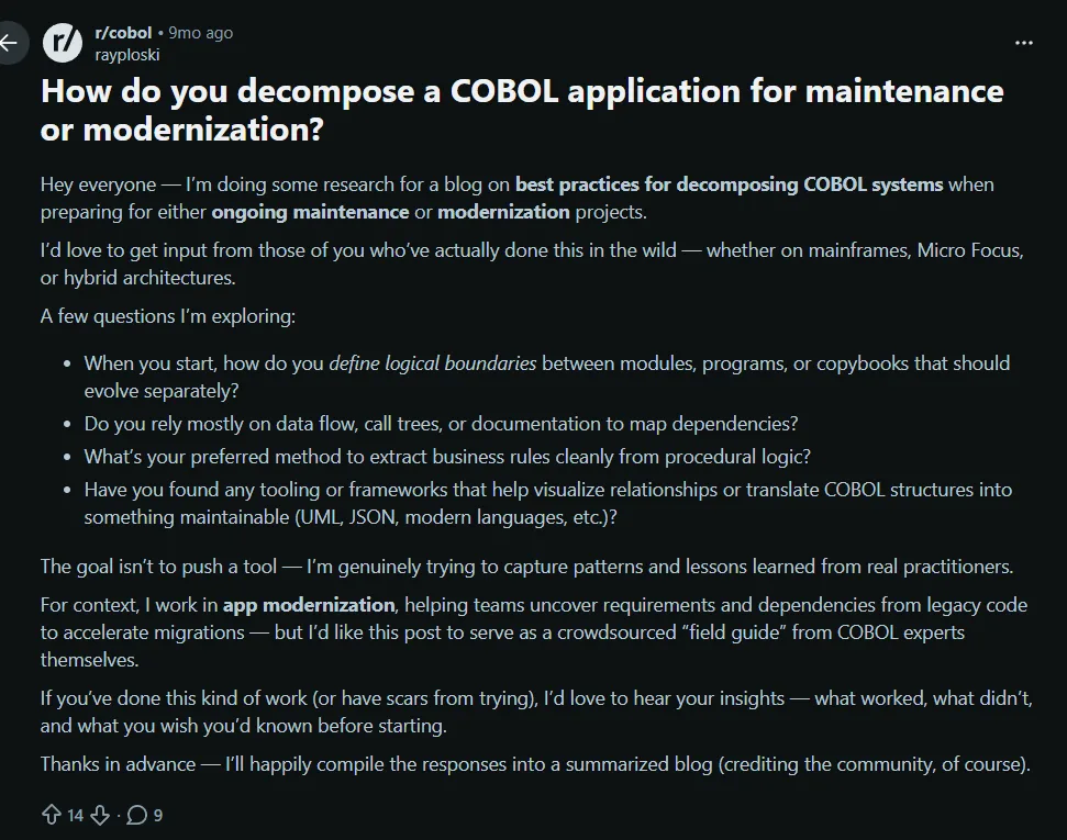 Screenshot of a Reddit post from r/cobol asking how to decompose a COBOL application for maintenance or modernization