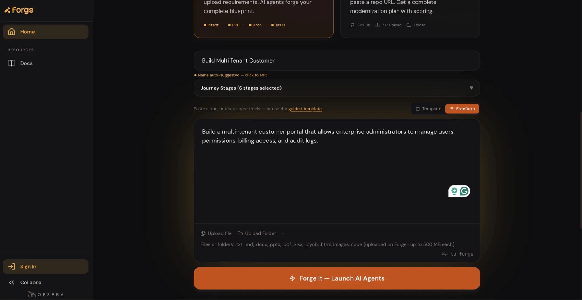 Screenshot of the Forge platform's project setup screen for a multi-tenant customer portal build with journey stages selected.