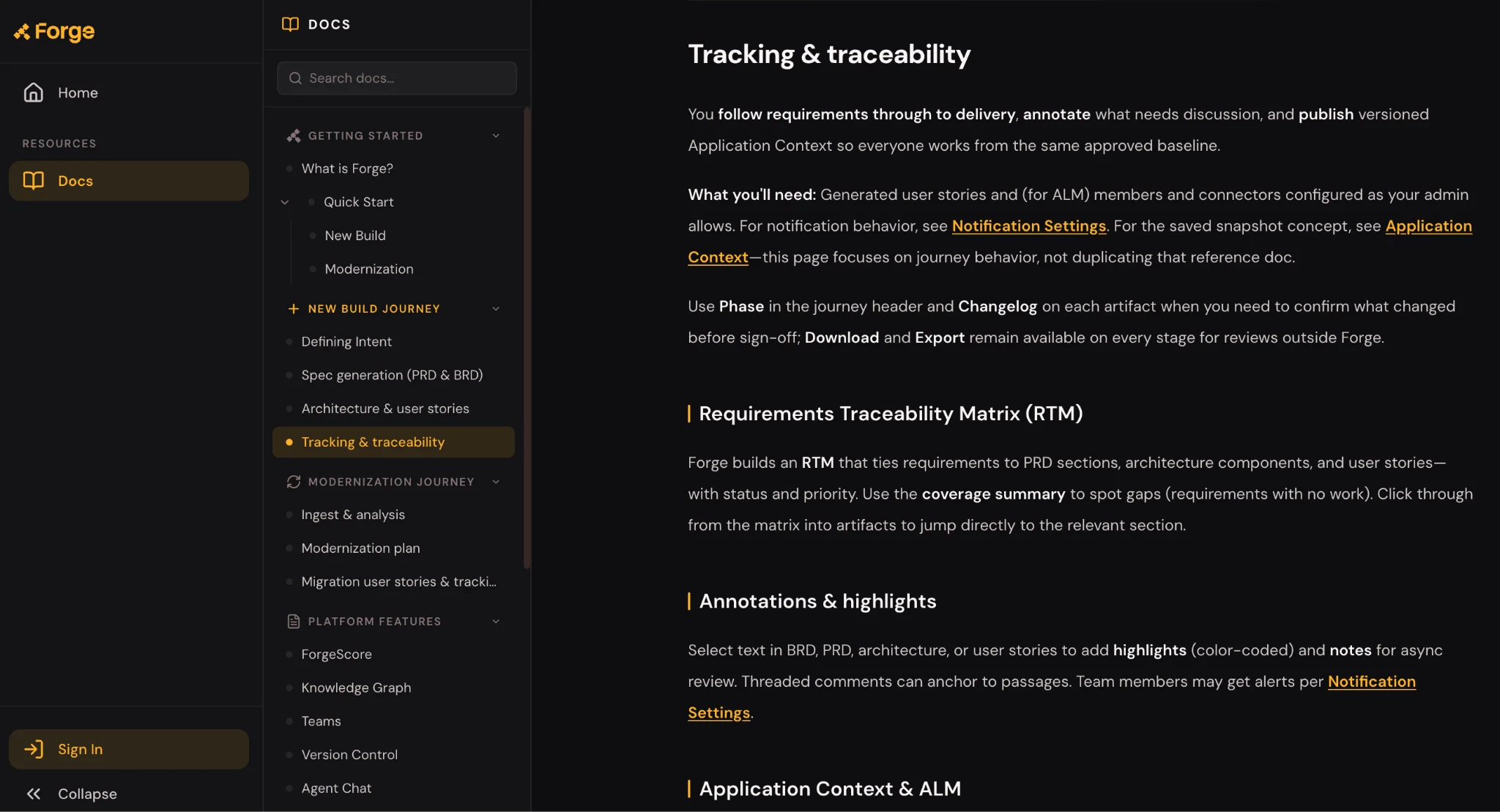 Screenshot of Forge documentation explaining tracking and traceability, including the Requirements Traceability Matrix and annotation features.
