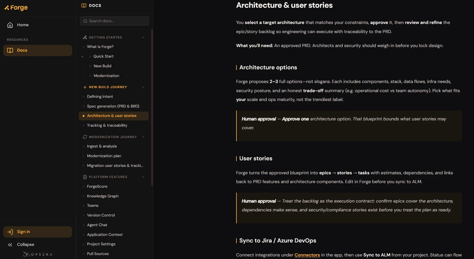 Screenshot of Forge documentation explaining architecture options and user story generation with human approval gates.